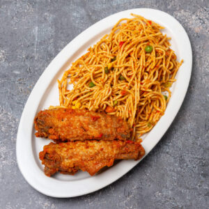 Jollof Spaghetti with Grilled Turkey
